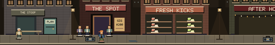 The game's pixel neighborhood: the stoop, a dance venue, fresh kicks and an afterparty.