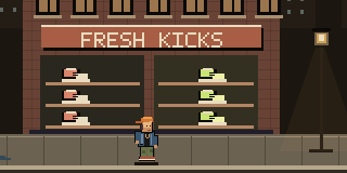 Staks outside the shoe store in the 8-bit game.